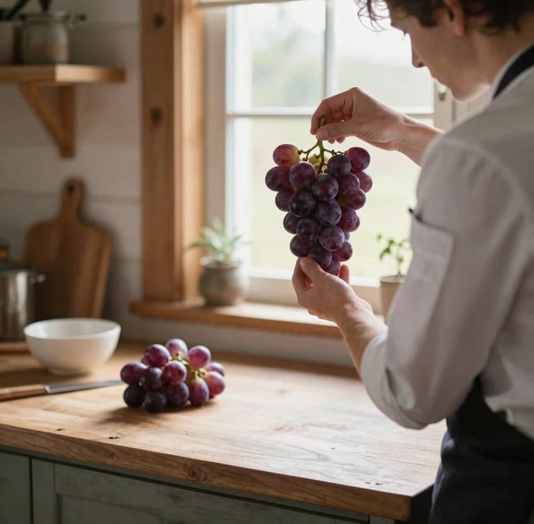 Candid behind-the-scenes shot of a chef in a cozy Scandinavian-style kitchen examining a bunch of deep purple grapes, soft natural window light, rustic wooden interior.