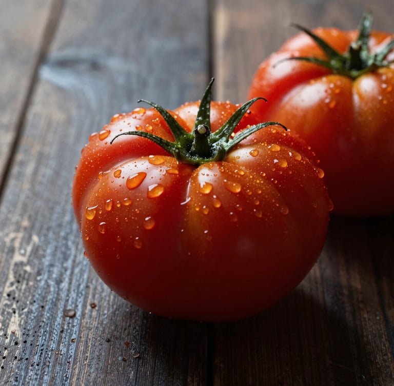 Close-up macro of vibrant heirloom tomatoes glistening with morning dew on a dark rustic wooden table, soft natural side lighting, deep dramatic shadows, editorial food photography style.