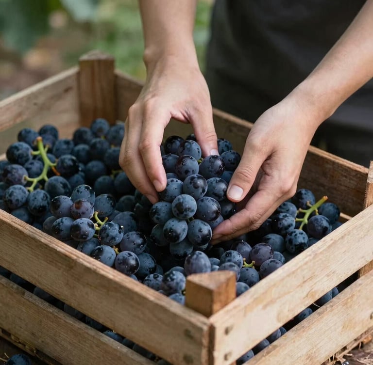 Hands sorting freshly harvested dark grapes in a rustic wooden crate, soft natural light, moody shadows, authentic agricultural details, 35mm lens