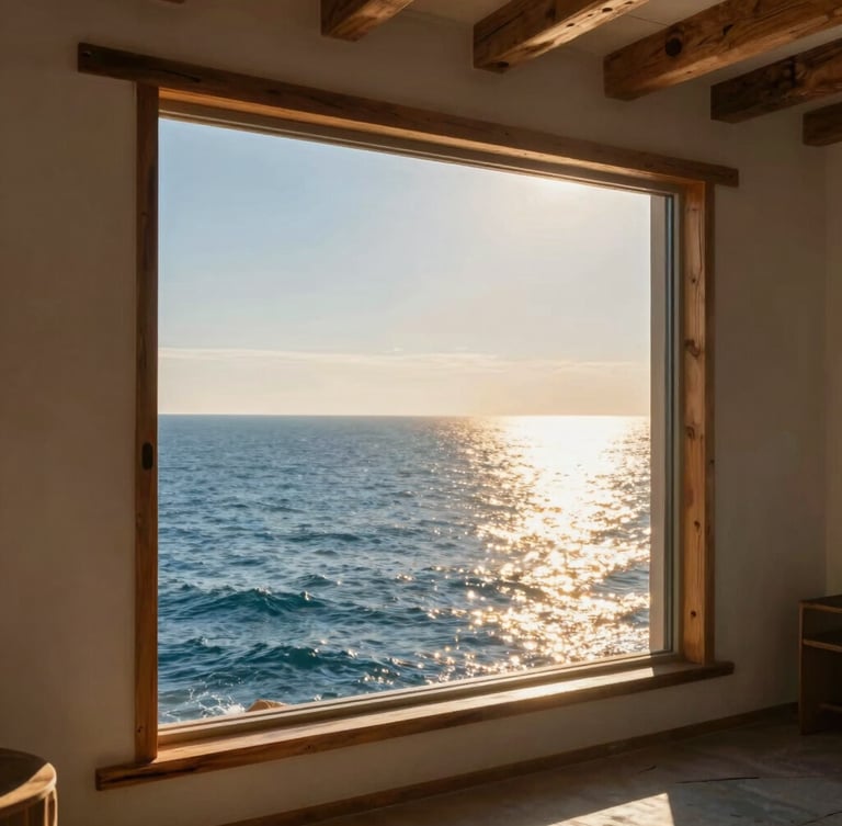 Wide-angle eye-level perspective of a sun-drenched loft window framing a calm blue ocean, golden hour sunlight reflecting on the water, rustic wood details.
