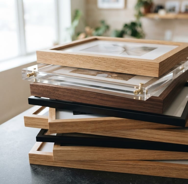Clean studio photography, bright natural window light, close-up of finished wooden and acrylic photo frames stacked neatly on a dark counter, sharp focus on textures.