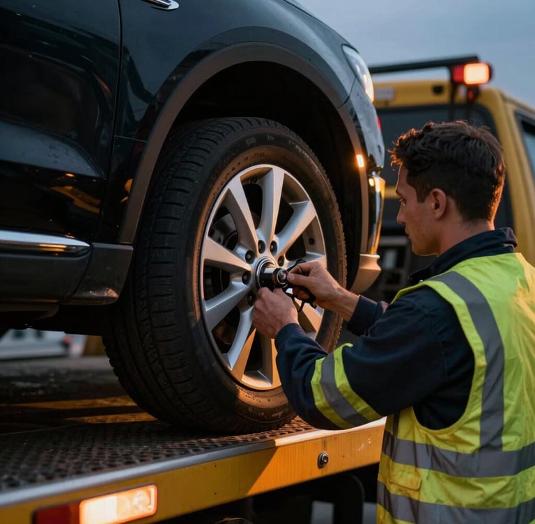 Close-up of a professional operator in high-visibility safety gear securing a car wheel onto a flatbed tow truck, daylight