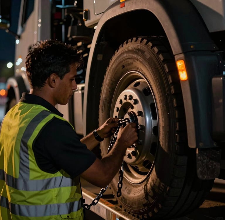 Close-up of professional tow truck driver in high-visibility safety vest securing steel chains to a vehicle wheel, dramatic night lighting, sharp focus