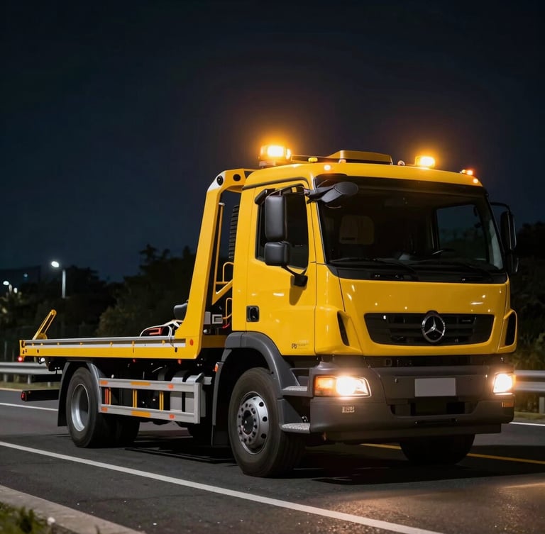 Low-angle dynamic shot of a modern yellow flatbed tow truck on a highway at night, amber emergency lights flashing, sharp details, 35mm lens