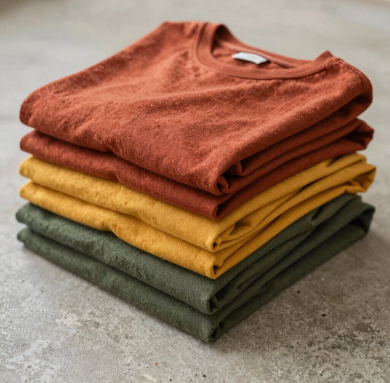 A neat stack of folded cotton t-shirts in rich tones of terracotta, mustard yellow, and olive green, sitting on a raw concrete surface under soft daylight