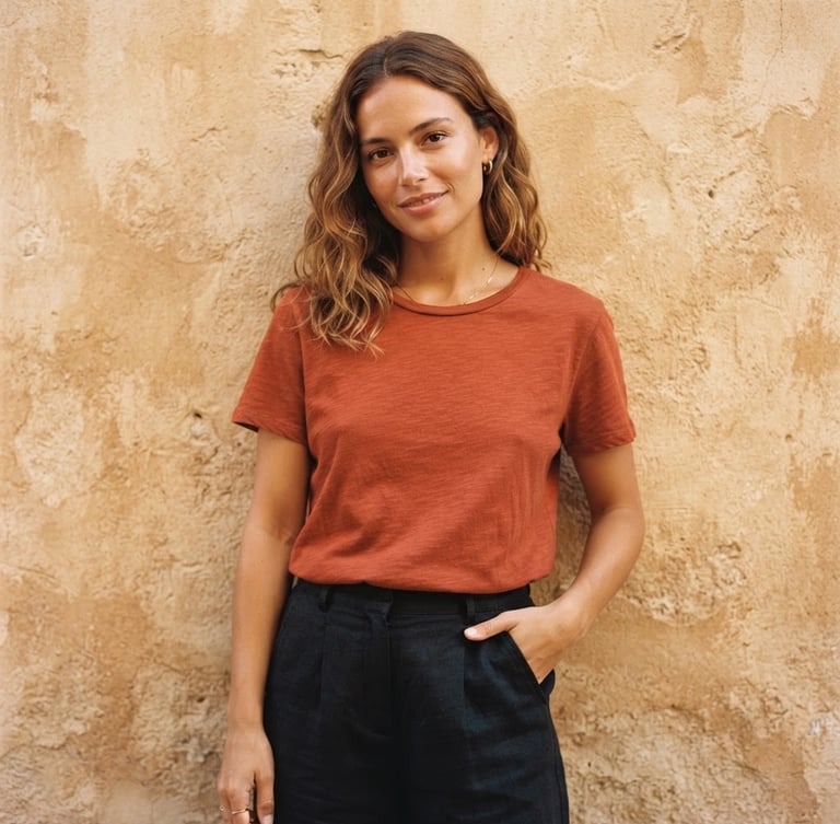 Warm editorial photography, soft natural daylight, a model wearing a terracotta cotton t-shirt standing against a warm plaster wall, medium shot, 35mm