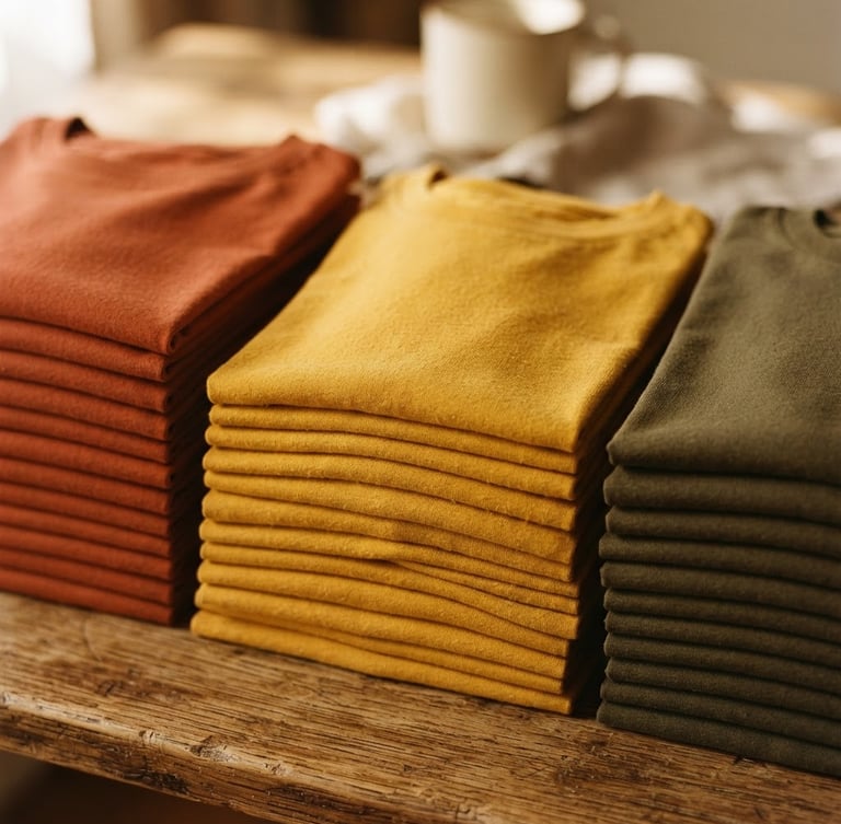 Close-up of neatly folded stacks of t-shirts in terracotta, mustard, and olive green cotton fabric, soft natural daylight, warm shadows, 35mm photography