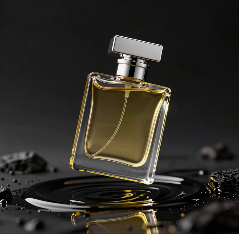 A hyper-stylized, high-fashion commercial render of a surreal chrome metallic perfume bottle floating in a dark, liquid void with sharp yellow rim lighting
