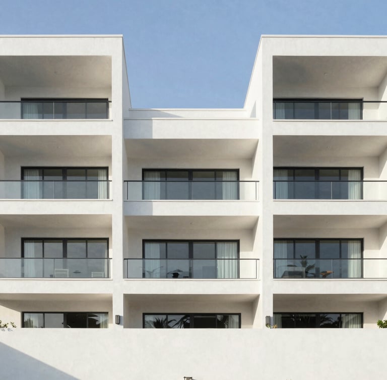 Bright architectural photography, crisp morning daylight, clean symmetrical lines of a modern residential facade in Rosarito, high-exposure natural tones, professional wide-angle lens.