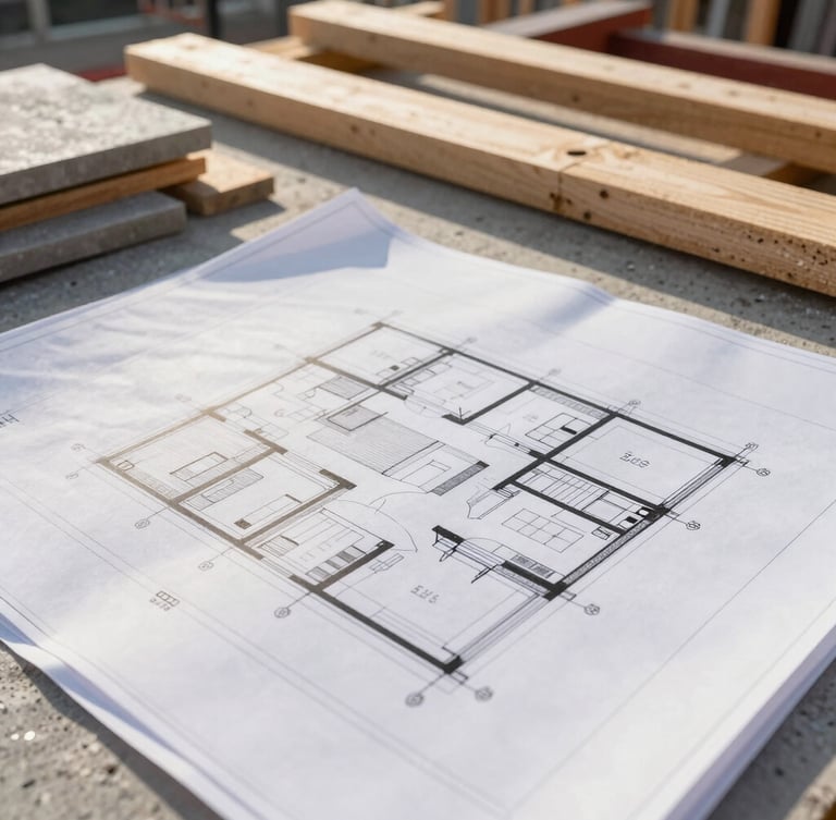 Crisp morning daylight, detailed close-up of architectural blueprints alongside raw timber and concrete materials on an organized construction site under supervision.