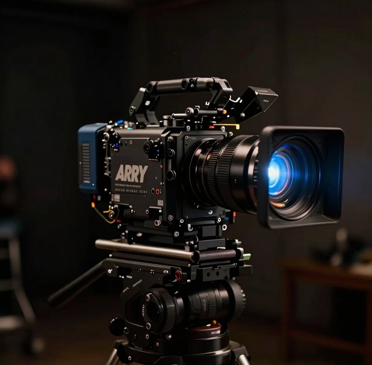 Dramatic low-key cinematic shot of a high-end Arri camera rig on a film set, anamorphic blue lens flare, deep shadows, 35mm film style