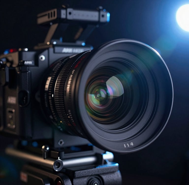 Extreme close-up of an Arri Alexa camera rig with anamorphic lens, dramatic low-key studio lighting, blue lens flare, deep shadows