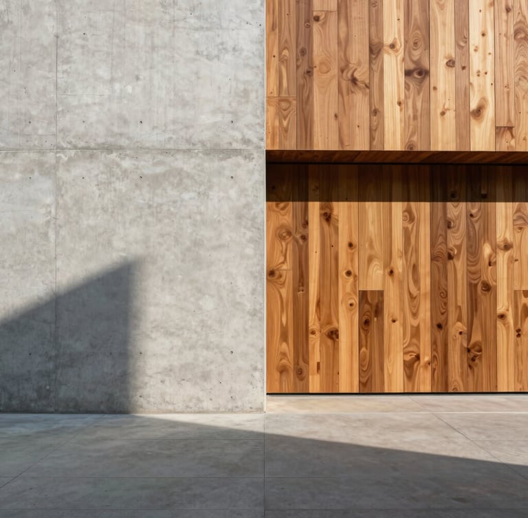 Straight-on, one-point perspective of a minimalist concrete facade intersecting with warm cedar panels under sharp, directional afternoon daylight, creating geometric shadows.