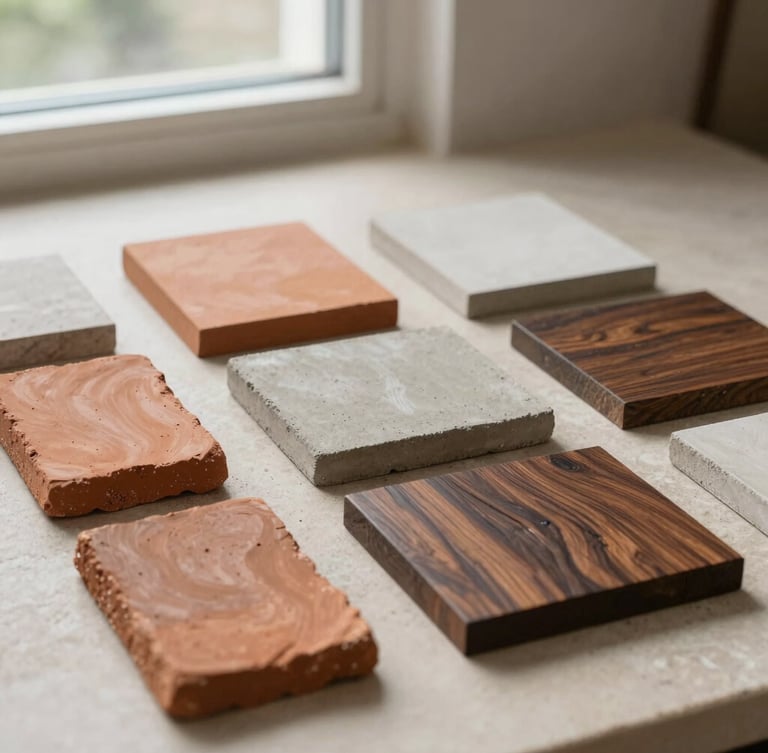 Strict profile shot of physical material samples—terracotta, raw concrete, and dark oak—arranged neatly on a neutral stone surface under natural window light.