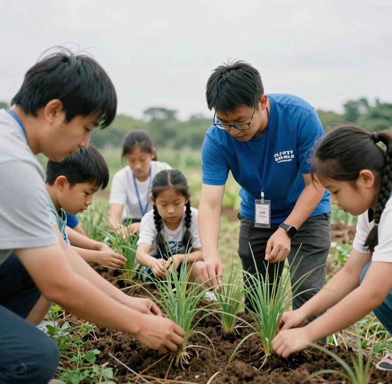 Candid medium shot of a volunteer instructor showing a group of attentive local families how to plant native wetland grasses on an overcast day.