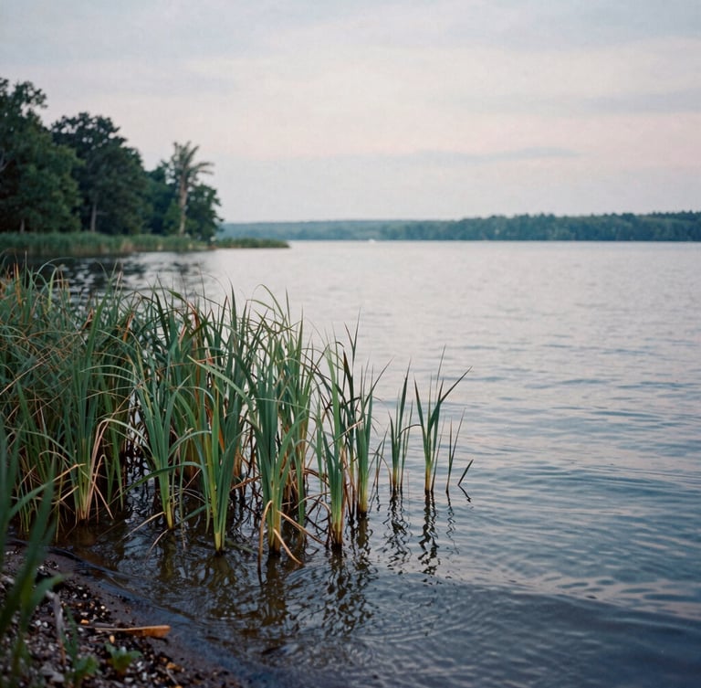Candid documentary shot of a quiet Ohio lake shoreline at overcast dawn, native reeds in foreground, soft water ripples, authentic 35mm film texture.