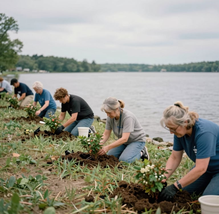 Candid documentary shot of volunteers of diverse ages planting native shrubs along a grassy lake shoreline under overcast Ohio daylight, rich earthy tones, shallow depth of field