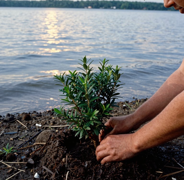 A close-up shot of hands planting a native green shrub into wet soil beside a calm Ohio lake, soft golden hour sun reflecting on the water ripples, candid documentary style.