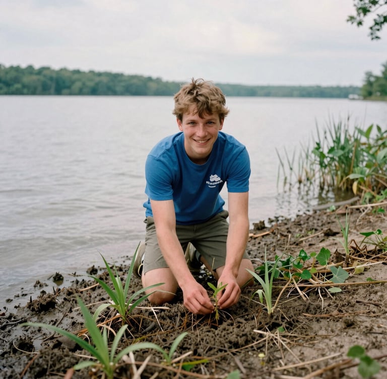 Candid documentary shot of a young volunteer smiling while placing native wetland plants into the muddy shore of an Ohio lake, overcast daylight, authentic 35mm film texture
