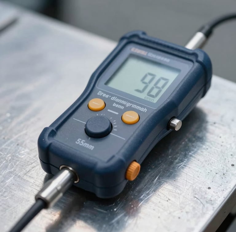 Macro close-up of a digital ultrasonic thickness gauge on a steel plate, cool metallic reflections, professional safety gear visible, 35mm