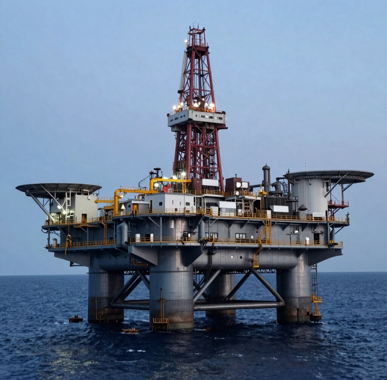 Wide environmental shot of an offshore oil platform at dusk, cool metallic steel gray tones, deep blue ocean, professional scale, 35mm