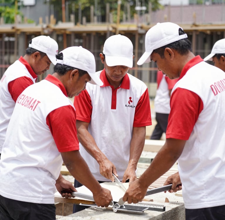 Professional documentary photography of disciplined Indonesian community members in clean red and white uniforms working together on a construction project, bright daylight, 35mm lens