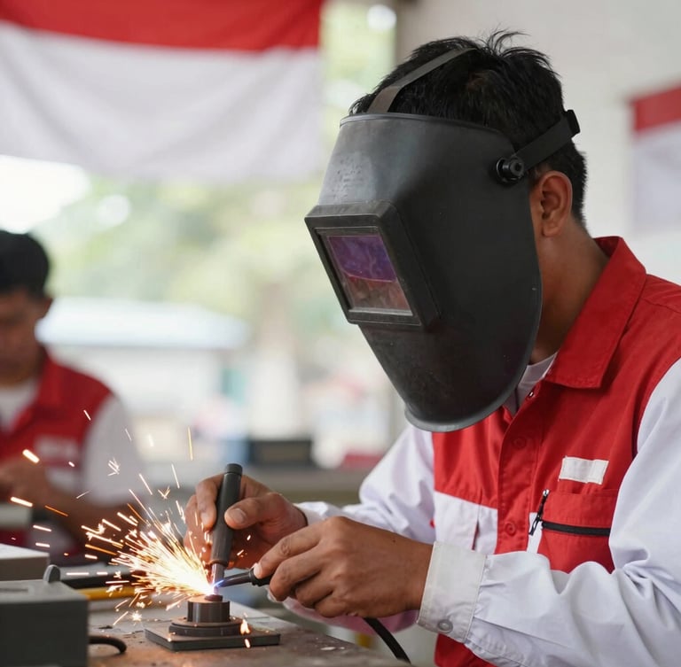 Close-up of a young Indonesian man in a protective welding mask working in a bright vocational workshop, sparks flying, focused expression, professional documentary photography
