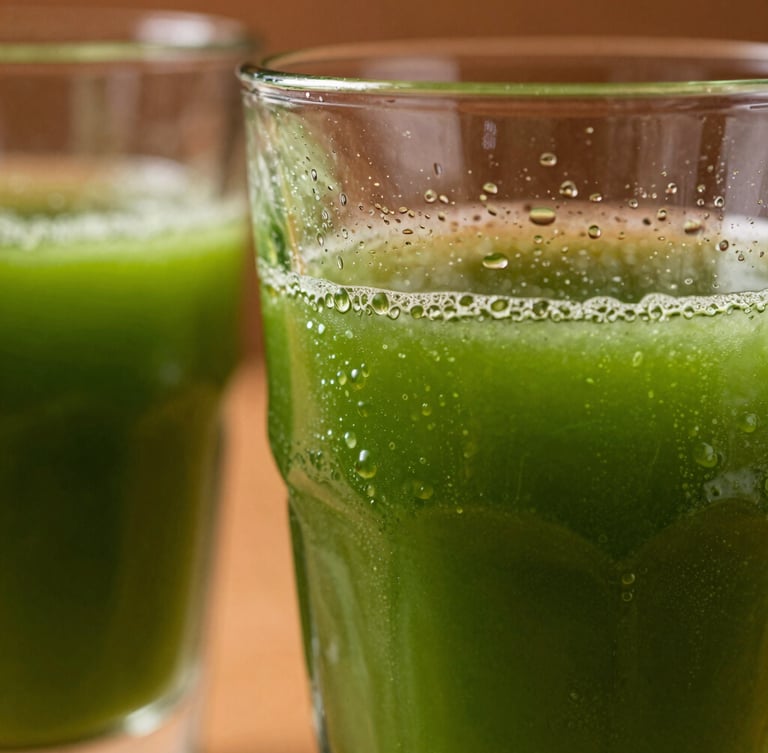Macro close-up of condensation on elegant hand-blown glassware filled with vibrant green juice, dramatic side daylight, rich deep shadows, shallow depth of field