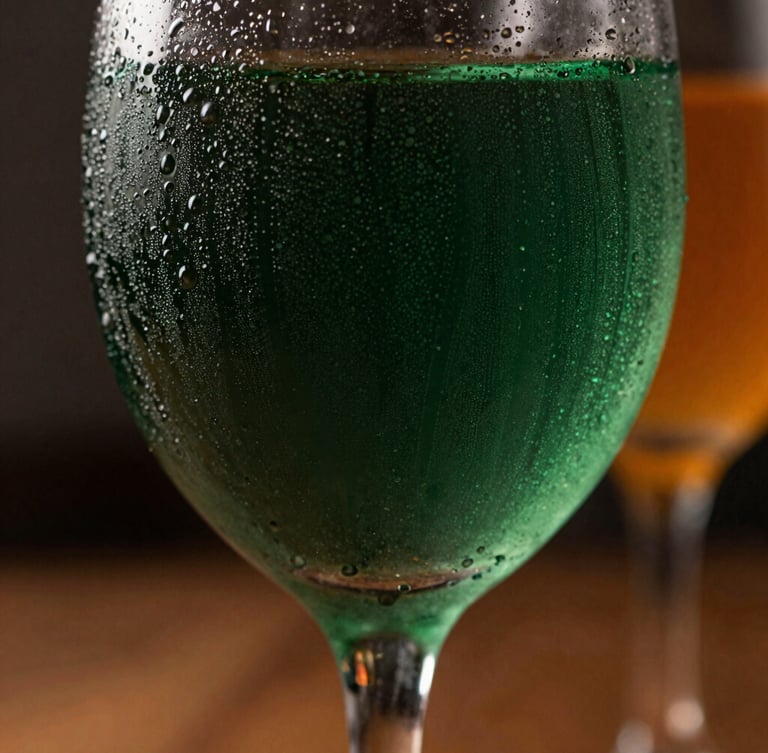 Macro close-up of condensation on elegant glassware, dramatic side daylight, rich deep greens, warm orange tones, shallow depth of field