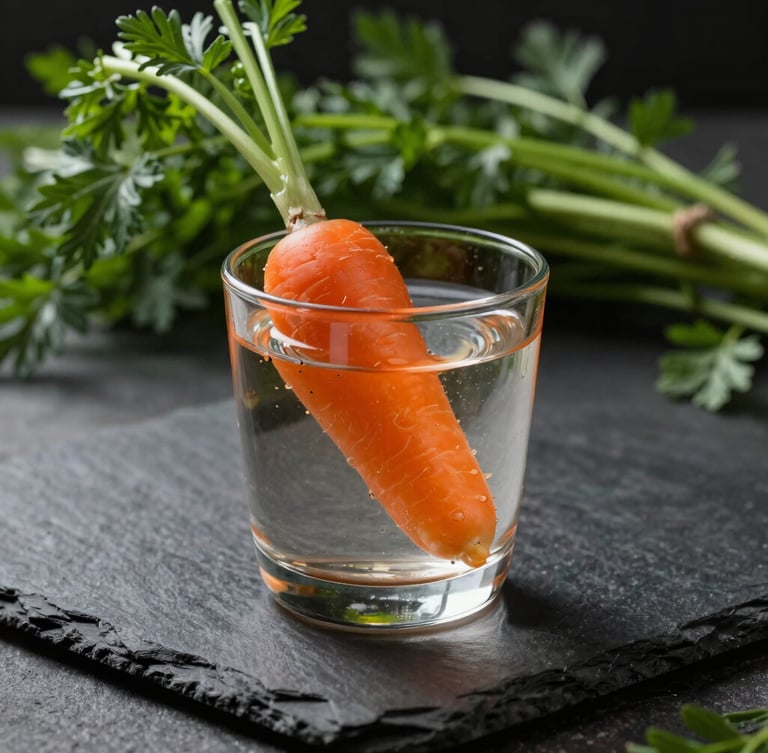 A single hand-blown glass containing a vibrant orange carrot-ginger botanical pairing, placed on a dark slate surface, dramatic side daylight.