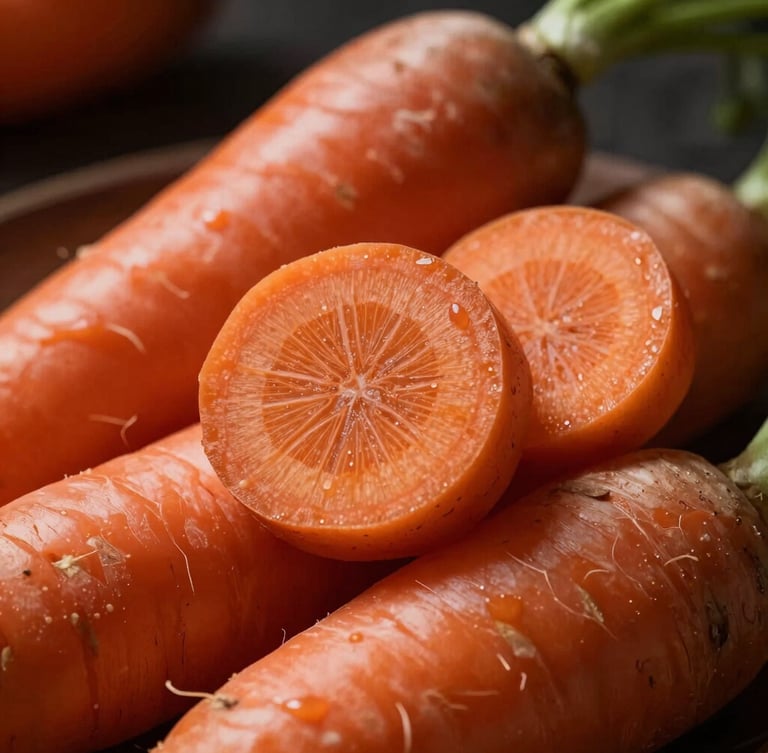 Macro close-up of heirloom carrots and raw ginger root sliced to show internal geometric patterns, low-key lighting, deep shadows, terracotta tones