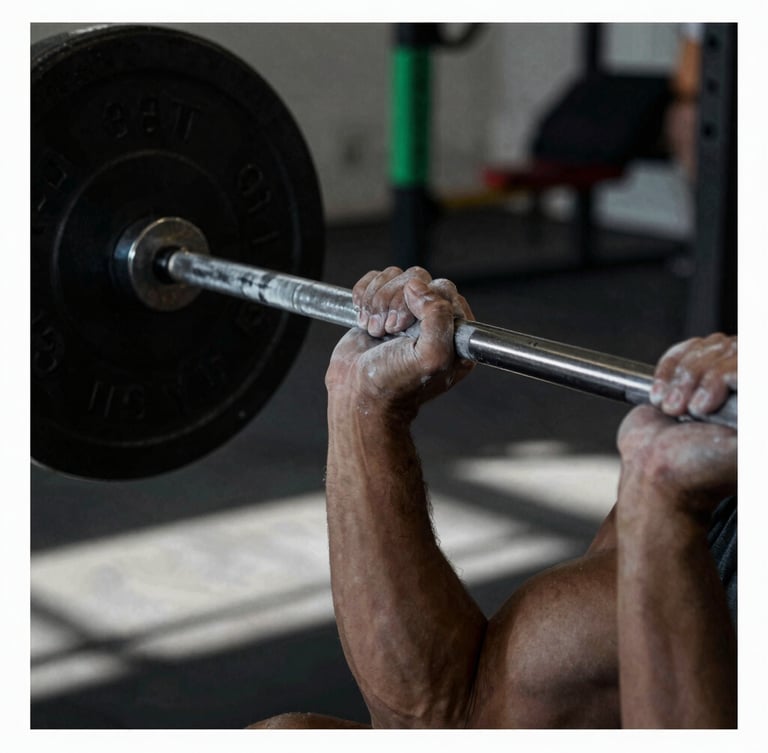 Raw athletic photography, close-up of chalked hands gripping a heavy steel barbell, high-contrast natural gym light, deep shadows, 35mm