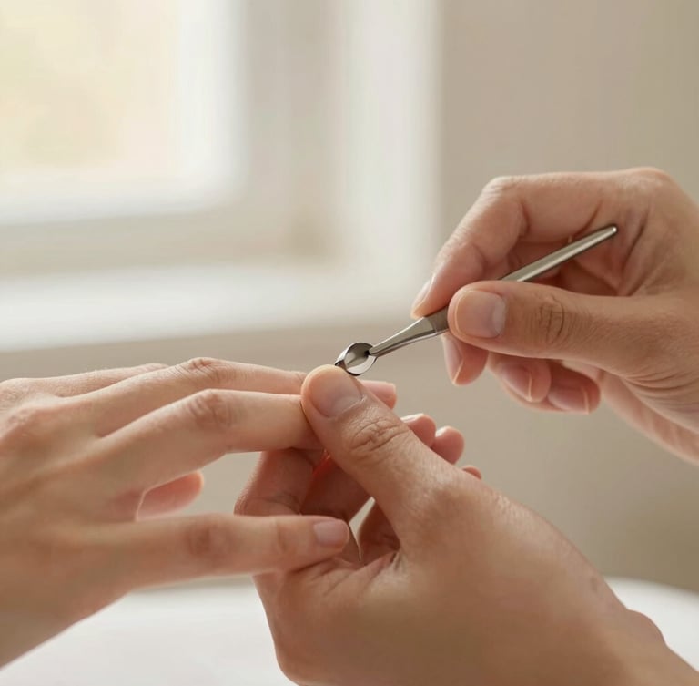 Close-up of hands receiving a manicure, focus on clean tools and gentle touch, soft diffused window light, cream and golden tones, shallow depth of field, 35mm