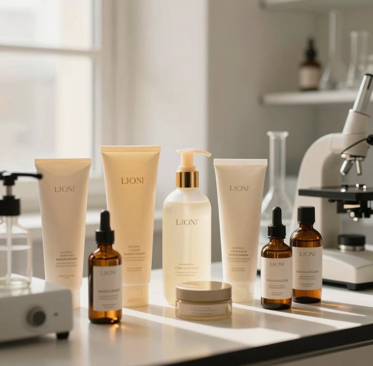 Portrait shot of a minimalist laboratory setting with hair care products, focus on scientific instruments and elegant packaging, soft golden light.