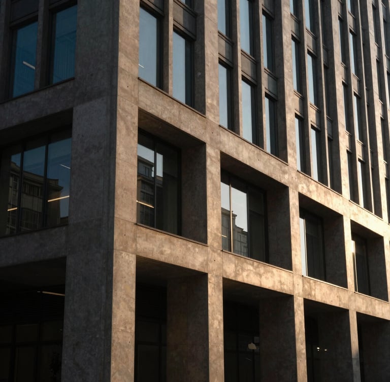 Wide environmental shot of a modern corporate building facade with concrete and glass, dramatic late afternoon light casting long rich shadows, architectural detail.