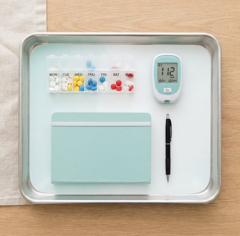 Overhead shot of a clean, organized medical tray with a pill organizer, a small medical device, and a neatly stacked health journal, bright soft daylight, crisp white and pale teal tones, sharp focus, 50mm