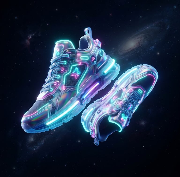 3d render of futuristic holographic sneakers floating in zero-gravity, vibrant neon rim lighting, deep cosmic black background, dynamic off-axis angle