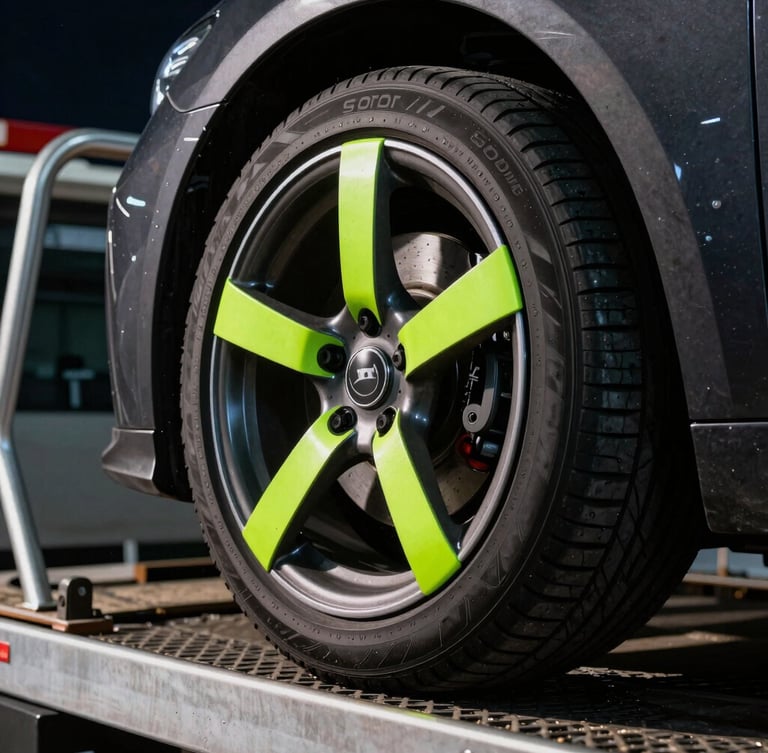 Close-up of secure neon green wheel straps locking a sports car tire onto a flatbed tow truck, high-contrast night lighting