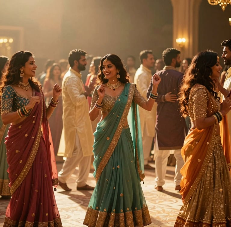 Widescreen cinematic shot of an Indian luxury reception party, guests laughing mid-dance under warm golden uplighting, heavy silks catching the light, shallow depth of field.