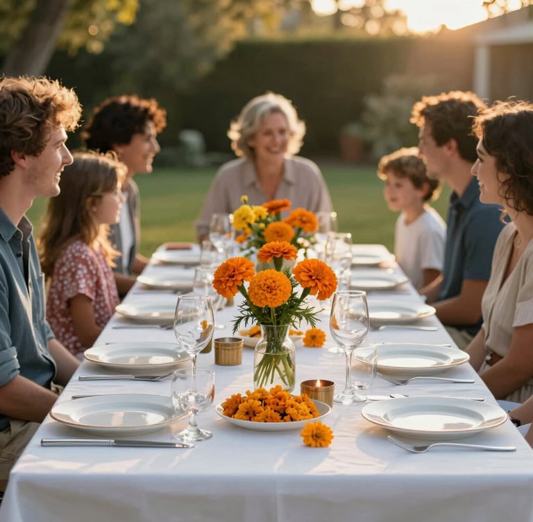 Warm natural light illuminating a beautifully decorated outdoor birthday dinner, elegant table setting with marigolds, family laughing in the background.