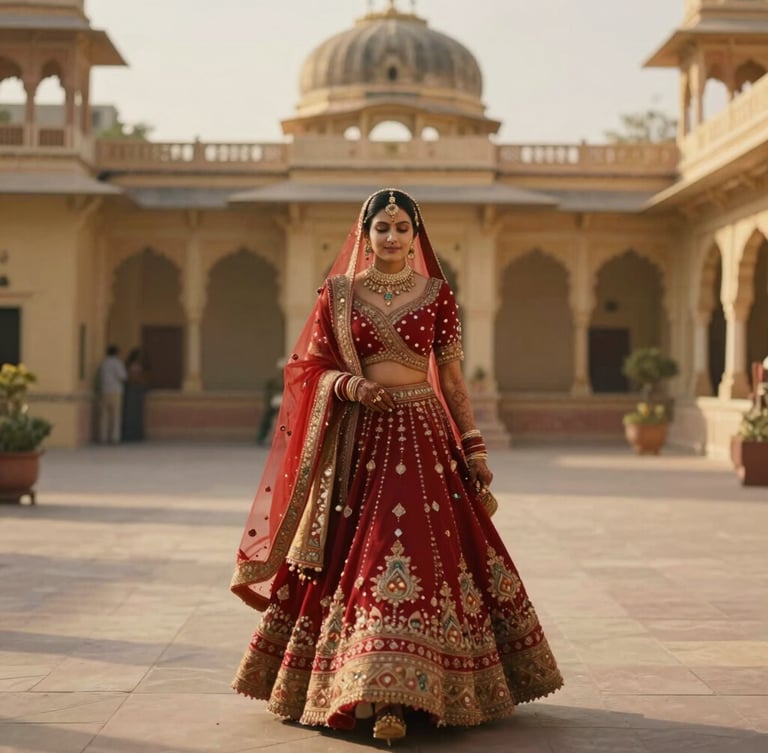 A wide cinematic shot of an Indian bride in a deep red lehenga, heavy silks in motion, walking through a sunlit heritage courtyard in Udaipur, golden hour highlights, shallow depth of field