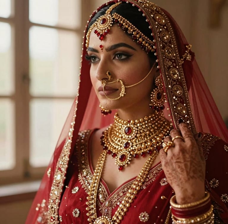 A close-up portrait of an Indian bride in intricate gold jewelry and a heavy red veil, soft natural window light reflecting off her embroidered details, cinematic depth of field