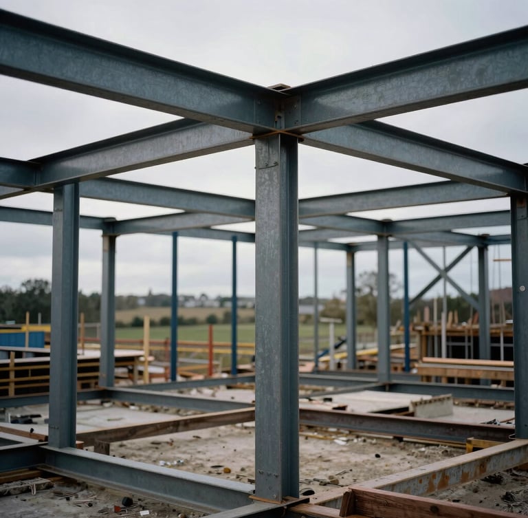 Close-up of structural steel framing on an active construction site, overcast northern English daylight, high contrast, raw industrial texture, landscape framing.