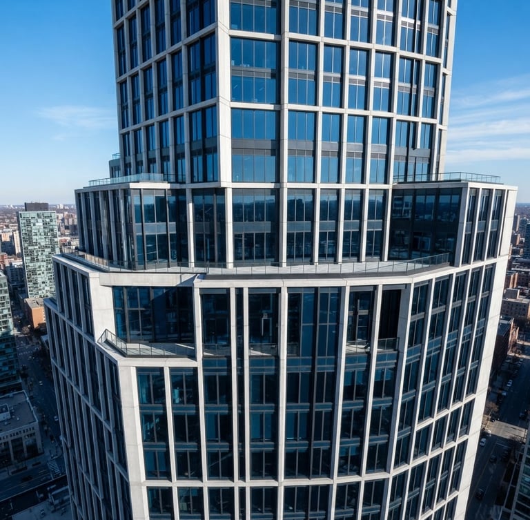 High-angle architectural photography of a modern corporate office building facade, crisp daylight, cool concrete and deep blue tones, technical grid overlay, sharp focus