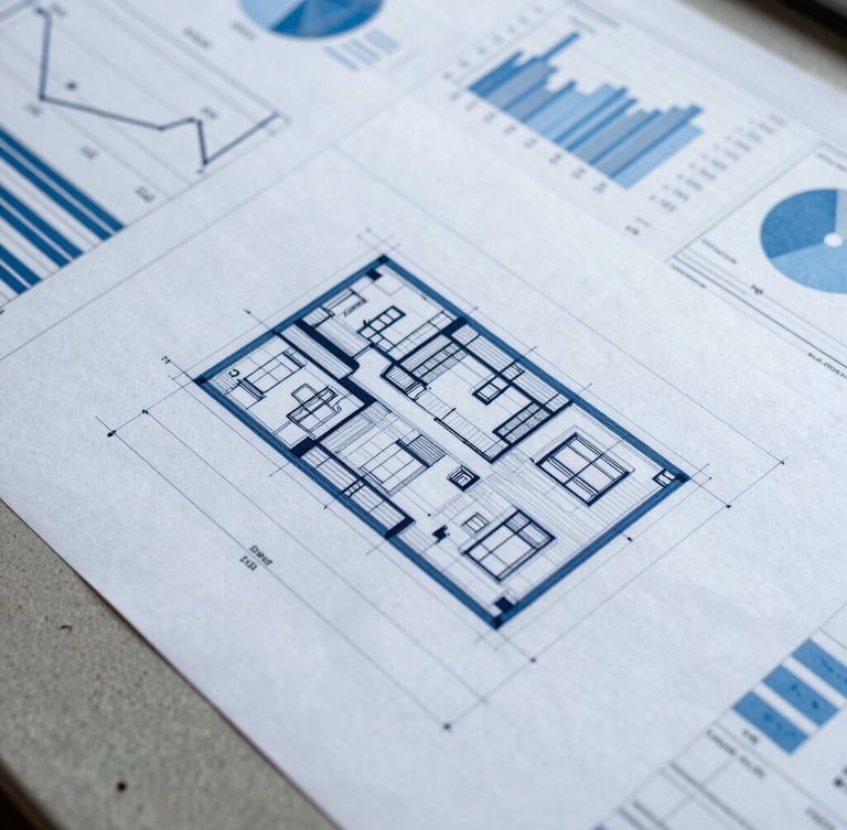 Close-up of technical architectural drawings on a desk, overlaid with structured financial charts and spreadsheets, cool corporate lighting, 35mm