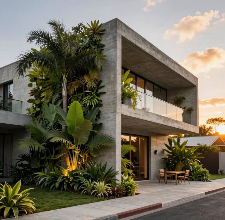 Wide architectural shot of a contemporary concrete residence at sunset, integrated with lush tropical vertical gardens and clean stone joints, warm lighting.