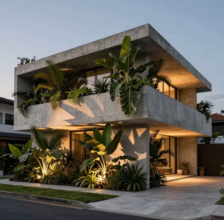 Wide architectural shot of a minimalist concrete residence at twilight, integrated with lush tropical vertical gardens, warm scenic lighting casting long shadows on structural leaves.