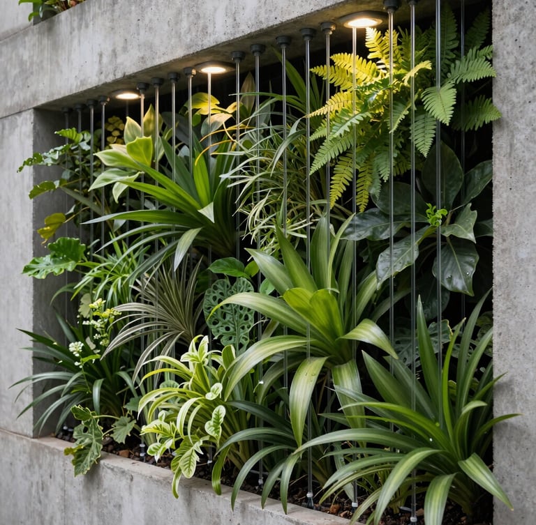 Close-up of a modern vertical garden system integrated into a concrete wall, showing precision irrigation drippers and lush, healthy foliage, architectural lighting