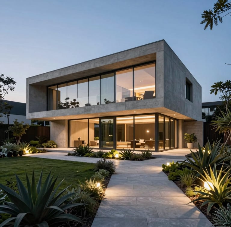 Architectural wide shot of a contemporary concrete and glass residence at twilight, featuring a perfectly executed luxury garden with structural plants, dramatic uplighting, and clean stone pathways.