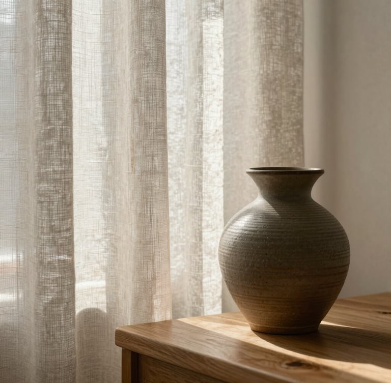 Close-up macro shot of textured linen curtains filtering soft morning light onto a handmade ceramic vase on a light oak table, warm tones.